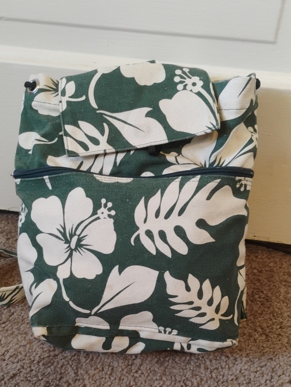 Green Floral Canvas Small Backpack Y2K Vintage Tropical Hibiscus Flower Print